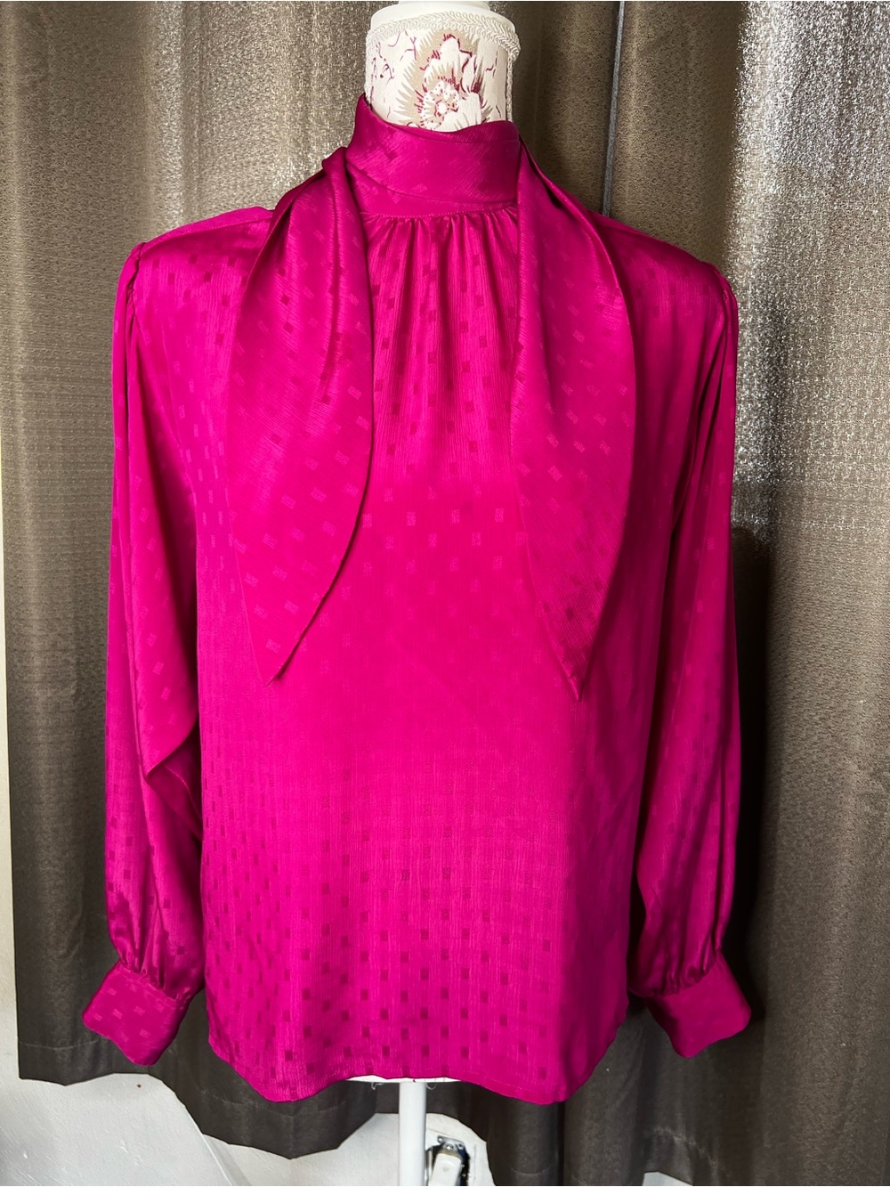 Tie-Neck Satin Blouse in Fuchsia